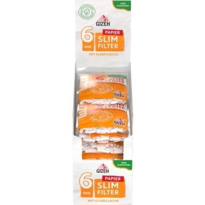 Afbeelding van GIZEH Papier Slim filters 6 mm diameter verpakking van 20 à 120 papieren in 15 lengte met kleefoppervlak hersluitbare ritszak filterdispenser 100% biologisch afbreekbaar