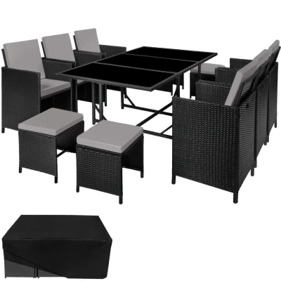 Afbeelding van tectake wicker zitgroep Malaga 6+4+1 met regenhoes zwart / grijs