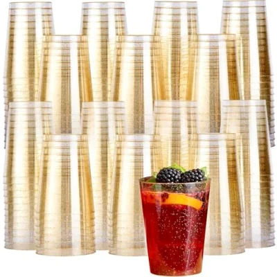 Afbeelding van MATANA 150 Harde Plastic Bekers met Gouden Glitter, 285ml / 10oz Herbruikbaar Cocktailglazen voor Verjaardagen, Bruiloften, Doopfeesten, Kerstmis Elegant en Stevig