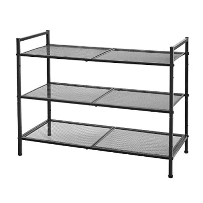Afbeelding van SONGMICS schoenenrek met 3 planken, schoenenrek, stapelbaar, schoenenopslag, voor 9 12 paar schoenen, metalen gang, woonkamer of badkamer, zwart LMR17BK