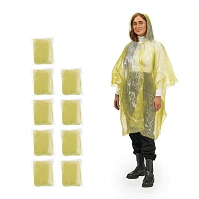 Afbeelding van Relaxdays regenponcho set van 10 poncho met capuchon regenkleding cape geel