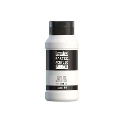 Afbeelding van Liquitex 8870413 Basics Fluid acrylverf met vloeiende consistentie, sneldrogend, lichtecht, waterbestendig, op waterbasis, fles van 118 ml, titaniumwit