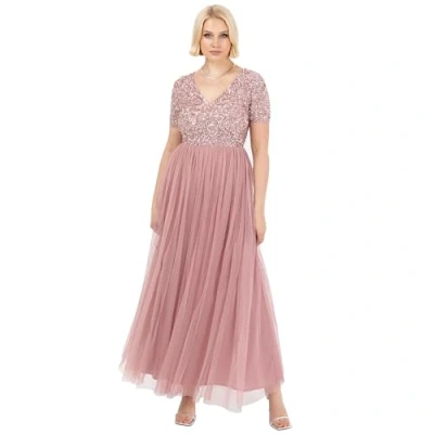 Afbeelding van Maya Deluxe Dames V hals verfraaid maxi jurk korte mouw Empire taille Prom afstuderen bruidsmeisje bruiloft gast, roze, 14, Vintage Roos, 40