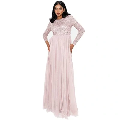 Afbeelding van Maya Deluxe Frosted Pink Embellished Long Sleeve Maxi Dress bruidsmeisjesjurk dames, roze., 52 NL