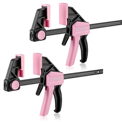 Afbeelding van WORKPRO 150 mm set met roze schroefklemmen voor houtbewerking, 280 spreider, snelle ontgrendeling en eenhandige klem, ideaal houtbewerking doe het zelf projecten, 2 stuks
