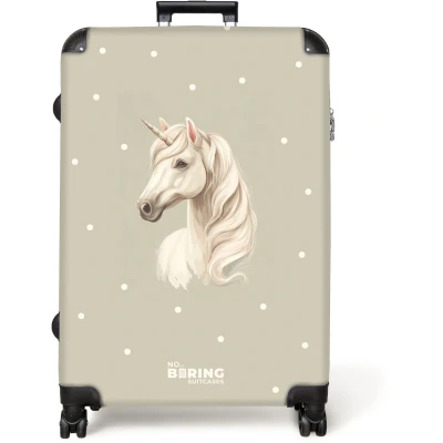 Afbeelding van NoBoringSuitcases.com® Koffer groot Reiskoffer lichtgewicht Eenhoorn omringd door stippen in neutrale kleuren Rolkoffer met 4 wielen Grote trolley XL 98 liter bagage