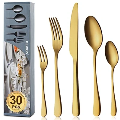 Afbeelding van bestekset voor 6 personen, 30 delig titanium goud incl. Mes, Vork, Lepel, bestek Rvs, vaatwasmachinebestendig (mat goud)