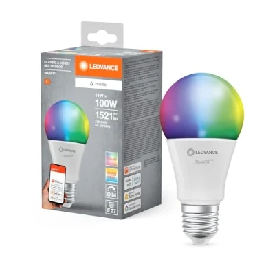 Afbeelding van LEDVANCE SMART+ MATTER LED lamp, witte matte look, 14W, 1521lm, klassieke lampvorm met E27 fitting, gekleurd licht en wit licht, app of stembediening, levensduur tot 20.000 uur