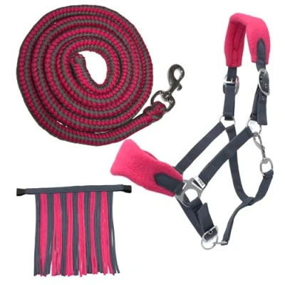 Afbeelding van PFIFF 103103 Halsterset &quot;Sunny&quot;, 3 delige set van halster, gebreid en vliegenfranjes, individueel aanpasbaar, grijs roze, cob