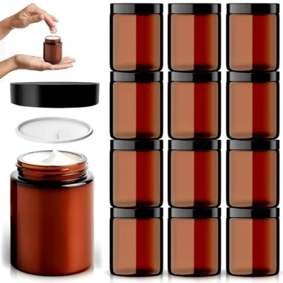 Afbeelding van volila 12 pack Amber Glazen Potten 120ml Reis Cosmetische Containers met UV Bescherming Kleine Witte Deksel Inzetstukken, Doorzichtige Spatels en Zwarte Schroefdoppen