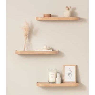 Afbeelding van Kazai.® Wandplankenset &#039;Toke&#039; 3 Hangende Planken in Echt Houtfineer Zwevende Houten Plank als Wanddecoratie en Opbergruimte voor Badkamer, Woonkamer, Keuken, Slaapkamer Meer Eiken, Wit