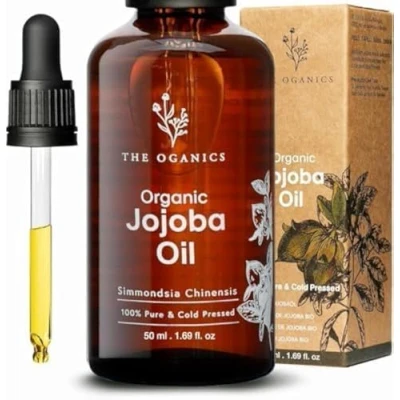 Afbeelding van The Oganics Jojoba olie 100% Puur Natuurlijk &amp; Koudgeperst Voedt, Hydrateert en Beschermt Huid, Haar Nagels de Huid Tegen Veroudering Veganistisch Dierproefvrij, Premium Kwaliteit Glazen flesje + Pipet 50ml