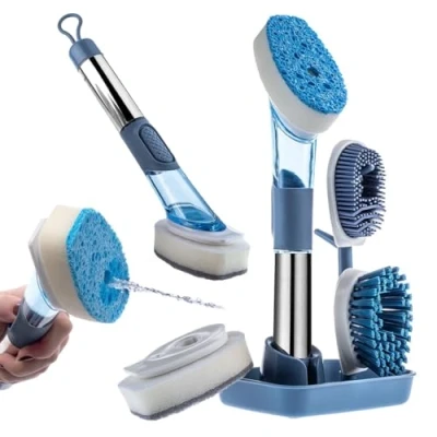 Afbeelding van KADAX Multifunctionele serviesborstel met 4 borstelkoppen, afwasborstel afwasmiddeldispenser, keukenborstel, voor servies, zeepdispenserborstel (blauw)