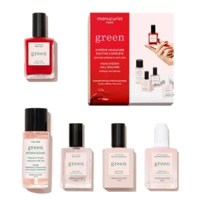 Afbeelding van Manucurist System Green™ Red (Poppy Red) Professionele manicureset, Vegan &amp; Made in France : 1 Reiniger, Base Coat, nagellak, Top Quick Dry Drops