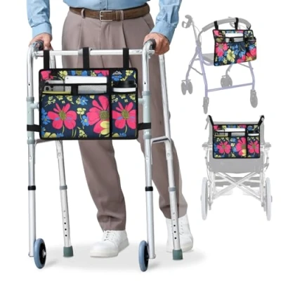 Afbeelding van supregear Accessoires Tas voor Rollator, Rolstoel, Walker Mand met Bekerhouder Senioren Caddy Bevestiging Zak Rollators, Waterbestendig Grote Capaciteit Draagtas (Bloemen Blauw)