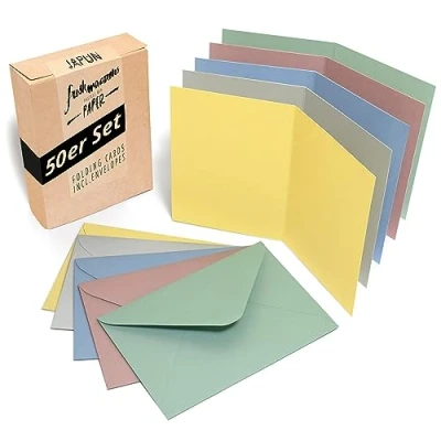 Afbeelding van Japun Set van 50 blanco vouwkaarten inclusief enveloppen, om te ontwerpen, labelen of printen DIN A6 / C6 pastelmix kleurrijk
