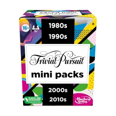 Afbeelding van Trivial Pursuit Game Mini Packs Multipack, Leuke Trivia vragen voor volwassenen en tieners vanaf 16 jaar, inclusief 4 gamepakketten met decennia