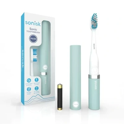 Afbeelding van Sonisk Pulse Elektrische tandenborstel op batterijen Draagbaar reisformaat met antimicrobiële sonische technologie 1x batterij, 2x opzetborstels, reiskoffer inbegrepen (groenblauw)