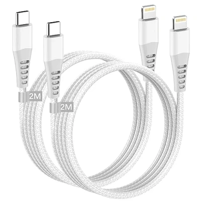 Afbeelding van USB C Lightning kabel, 2 m, stuks, MFi gecertificeerd, iPhone oplaadkabel, snellaadkabel, naar nylon Apple m voor 14 Pro Max 13 12