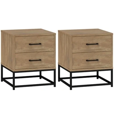 Afbeelding van HOMCOM Nachtkastje met 2 laden, bijzettafel in industriële stijl voor slaapkamer, woonkamer, afmetingen: 40 x 39,5 48 cm, natuurlijke houten afwerking