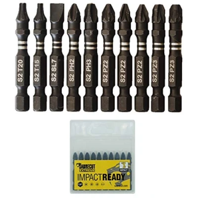 Afbeelding van SabreCut SCPC50_10 50 mm PZ2 PZ3 PH2 PH3 SL7 T15 T20 slagmoersleutel boorset een end Pozidriv POZI Phillips No.2 No.3 sleuf nr. 7 Torx 15 12 hoog vermogen inclusief opbergdoos