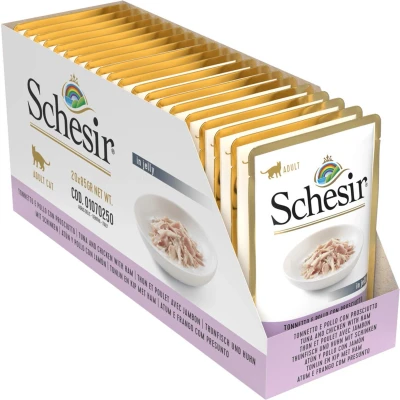 Afbeelding van 20x Schesir Kattenvoer Tonijn Kip Ham in Gelei 85 gr