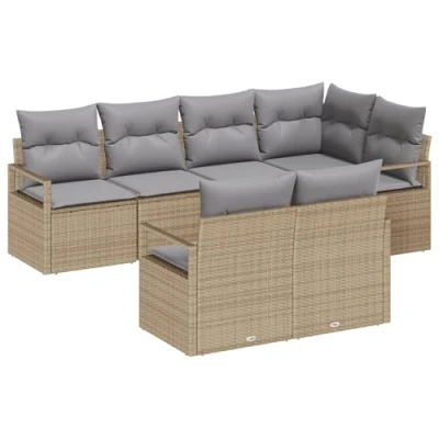 Afbeelding van vidaXL 7 delige Tuin Sofa Set met Kussens Beige Poly Rattan, 2 zits Opbergruimte &amp; Rattan