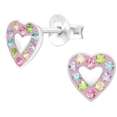 Afbeelding van JoyS Zilveren hartje oorbellen roze met kristal multicolor 6 mm