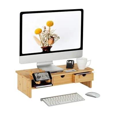 Afbeelding van Relaxdays monitorstandaard bamboe beeldscherm verhoging monitorverhoger 2 lades