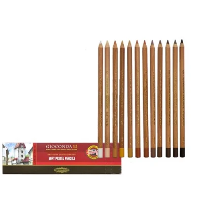 Afbeelding van Gioconda zachte pastelstiften, tinten, bruintinten + wit zwart, 12 stuks KOH I Noor pastelkrijt, pastel set