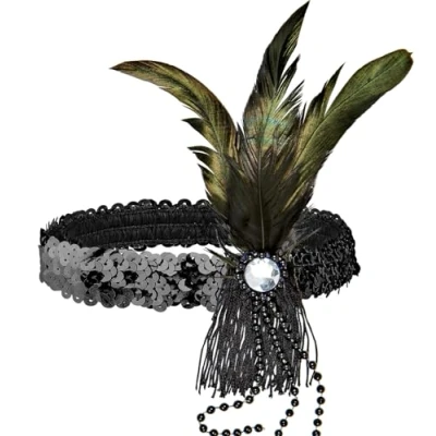 Afbeelding van Widmann Hoofdband Pailletten Zwart Met Veren En Parels Carnavalskleding Verkleedkleding