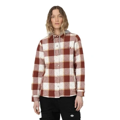 Afbeelding van Dickies Dames fleece flanellen hemdjas met capuchon, gevuurde baksteen kamp plaid, XL, Gebakken bakstenen XL