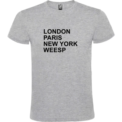 Afbeelding van Grijs t shirt met &quot; London, Paris , New York, Weesp print Zwart size L