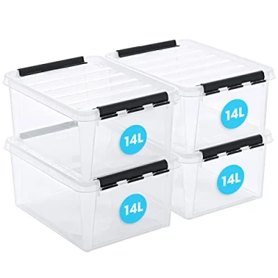 Afbeelding van SmartStore 14L doorzichtige plastic opbergdozen met deksel, 4 stuks, versterkt, 10 jaar garantie, voedselveilig, clip vergrendeld, stapelbaar en nestbaar, BPA vrij L40 x B30 H18 cm