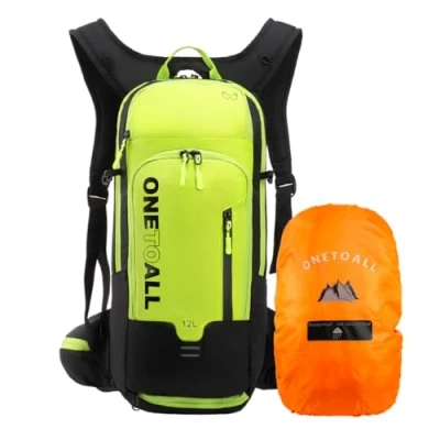 Afbeelding van LOCAL LION Fietsrugzak, skirugzak, klein, voor dames en heren, 12 l, ultralicht, waterdicht, skiën, wielrennen, camping, met regenbescherming, zwart/groen