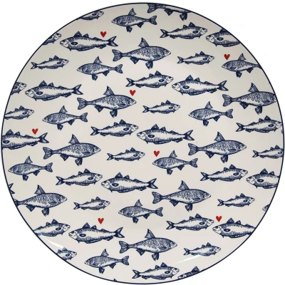 Afbeelding van Clayre &amp; Eef Dinerbord Ø 26 cm Wit Blauw Porselein Vissen Eetbord