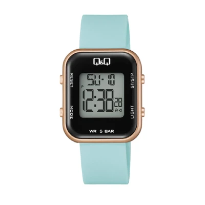 Afbeelding van Q&amp;Q model m207j008y dameshorloge digitaal turquoise/rosekleur 2 tijden alarm stopwatch backlight 50 meter waterdicht