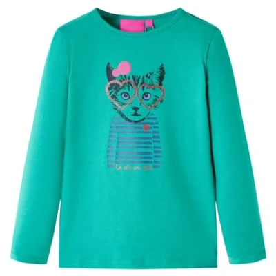 Afbeelding van Kindershirt met lange mouwen kattenprint 128 felgroen