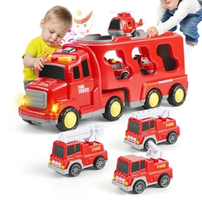 Afbeelding van Weinsamkeit Speelgoedauto vanaf 2 jaar, brandweerauto, speelgoed voor kleine kinderen, 7 in 1 kindertransportwagen, vrachtwagen, met licht en muziek, jongens meisjes, 5 jaar
