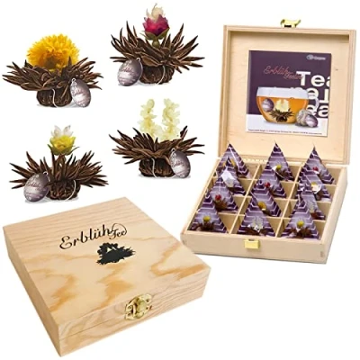 Afbeelding van Creano Teelini theebloemen cadeauset in houten theedoos 12 ErblühTeelini 4 soorten Zwarte thee