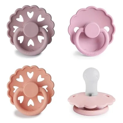 Afbeelding van FRIGG Multipack fopspeen van siliconen, verpakking met 4 fopspenen, gemaakt in Denemarken, symmetrische speen kersenvorm, Sunset Bliss, maat 1 (0 6 maanden)