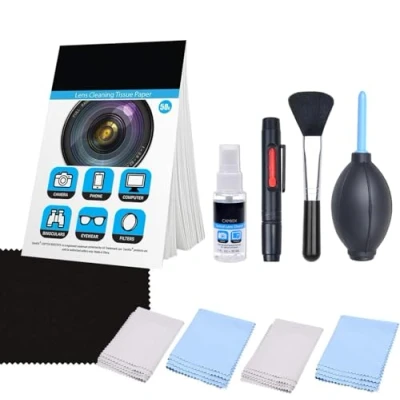 Afbeelding van Camkix Camera Lens Reinigingsset Luchtblazer, 2 in 1 Lensreinigingspen, Reinigingsborstel, Sprayflesje met Reinigingsoplossing, Lensreinigingspapier (50 vellen), Microvezel Reinigingsdoekjes