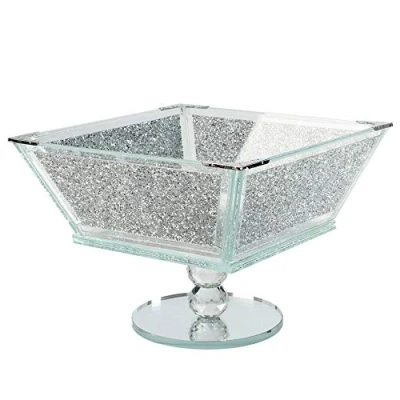 Afbeelding van London Boutique Crystal Extra Grote Fruit Bowl Centre Piece Opslag Sparkle Verpletterde Diamant Gevuld Zilver Metalen Frame Vierkante Vorm 7,5 Inch Hoogte