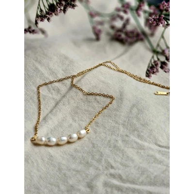 Afbeelding van Parel ketting Pearl Bar Stainless Steel goudkleurig Zoetwaterparels Handgemaakt
