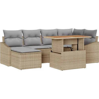 Afbeelding van vidaXL 7 Delige Tuin Eettafel Set met Kussens Beige Poly Rattan Acacia