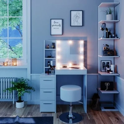 Afbeelding van Vicco Make uptafel set met kruk &quot;Meryl&quot;, Wit, 80 cm LED verlichting en