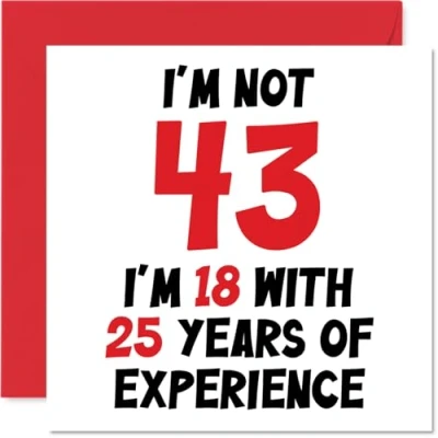 Afbeelding van 43e verjaardagskaart voor vrouwen mannen niet 43 ik ben 18 met 25 jaar ervaring grappige drieënveertigveertigste gelukkige mama papa broer vriend, 145 mm x humor grap wenskaarten