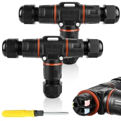 Afbeelding van 3 polige kabelverbinder, waterdicht IP68, T vormige waterdicht, aardkabel, verbindingsmof voor Ø 12 mm kabeldiameter, 2 weg waterdichte aansluitdoos tuin en outdoor,