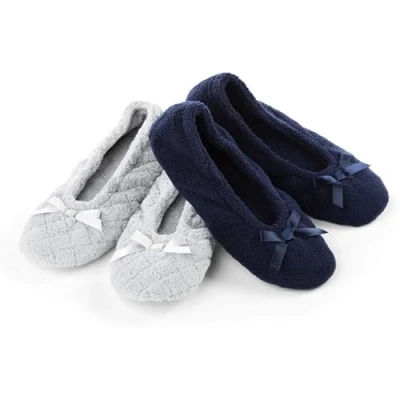Afbeelding van Isotoner Set van 2 Mictroterry ballerina&#039;s voor dames met satijnen strik, Lichtgrijs gewatteerd, marineblauw effen, 8 9