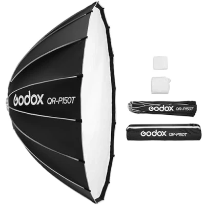 Afbeelding van Godox QR P150T Softbox, 150 cm, parabolische diepte, snelsluiting, opvouwbare softbox met standaard bowens houder en diffusers voor flitsers, Speedlite continu licht, fotografie, portret